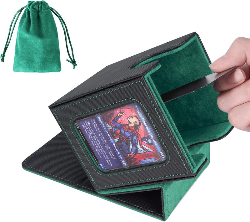 AFIING MTG Deck Box for Commander Display,Card Deck case Fits 100 Double Sleeved Cards,Magic Commander TCG Card Storage Box with 2 Dividers,Dice Bag and Toploader Black Green - Image 1